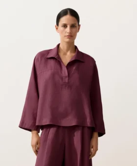 Oversize Long-Sleeve 100% Linen Polo Shirt