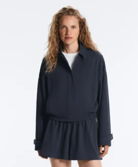 Pinstripe Piqué Polo Neck Jacket with Cotton
