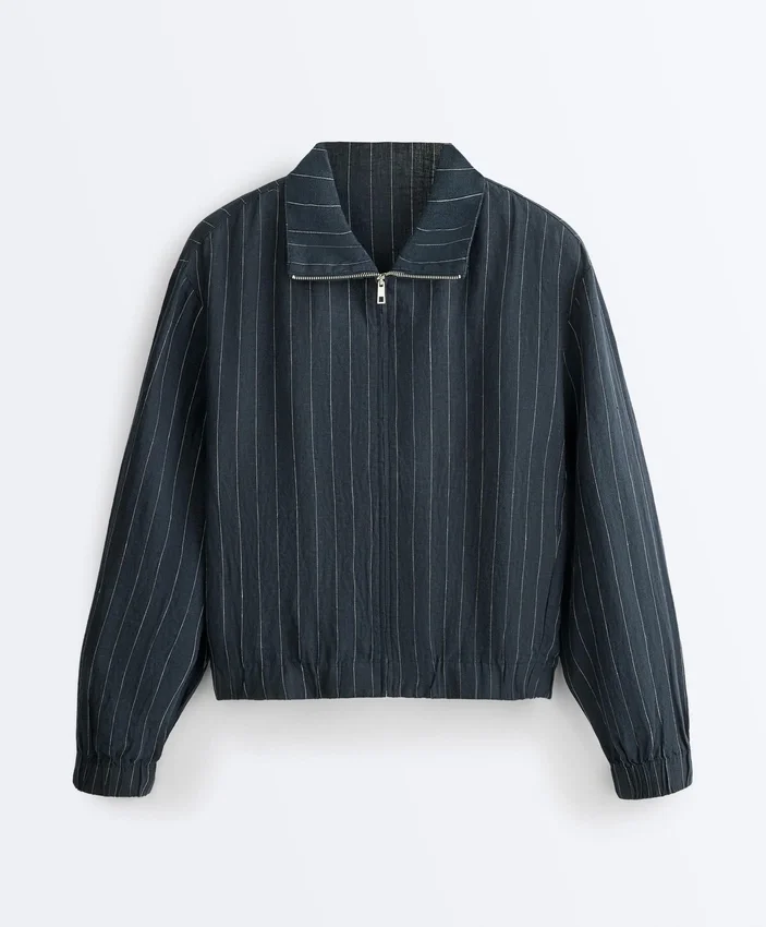 Pinstriped 100% Linen High-Neck Jacket Pinstriped 100% Linen High-Neck Jacket
