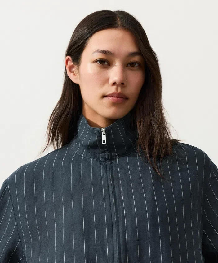 Pinstriped 100% Linen High-Neck Jacket Pinstriped 100% Linen High-Neck Jacket