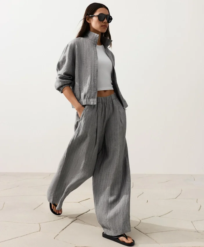 Pinstriped 100% Linen High-Neck Jacket Pinstriped 100% Linen High-Neck Jacket