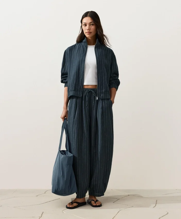 Pinstriped 100% Linen High-Neck Jacket Pinstriped 100% Linen High-Neck Jacket