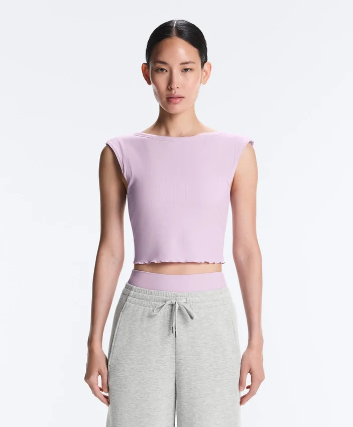 Rib Modal Blend Short Sleeve Tank Top with Curling Detail Rib Modal Blend Short Sleeve Tank Top with Curling Detail