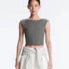 Rib Modal Blend Short Sleeve Tank Top with Curling Detail Rib Modal Blend Short Sleeve Tank Top with Curling Detail