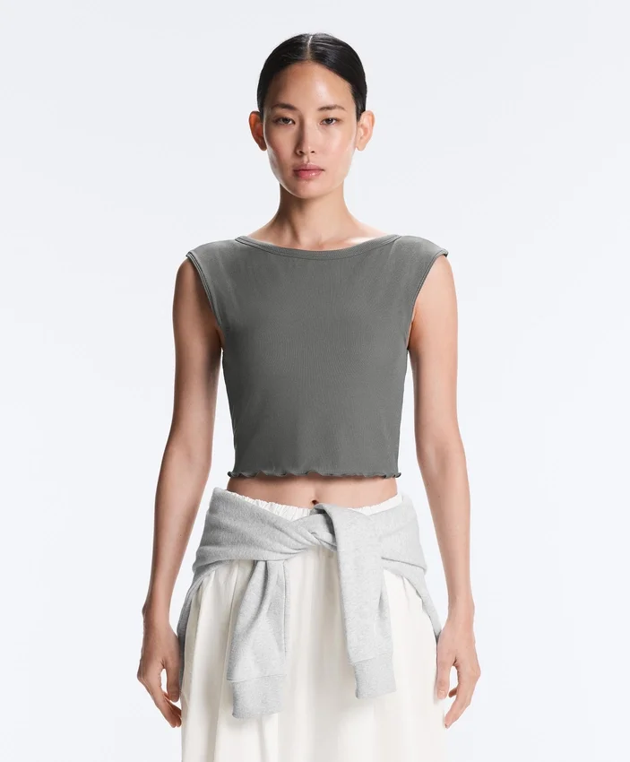 Rib Modal Blend Short Sleeve Tank Top with Curling Detail Rib Modal Blend Short Sleeve Tank Top with Curling Detail