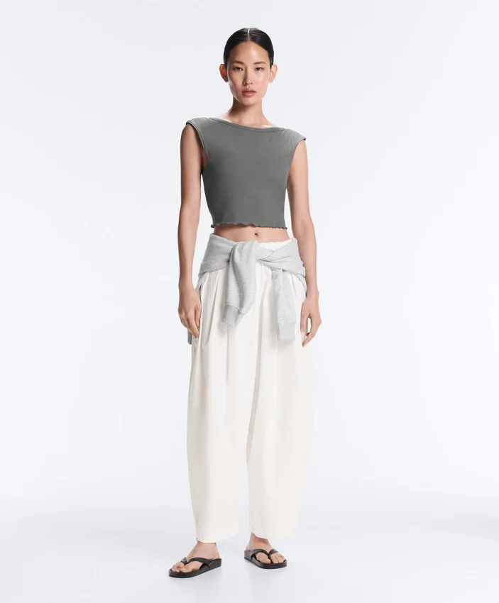 Rib Modal Blend Short Sleeve Tank Top with Curling Detail Rib Modal Blend Short Sleeve Tank Top with Curling Detail