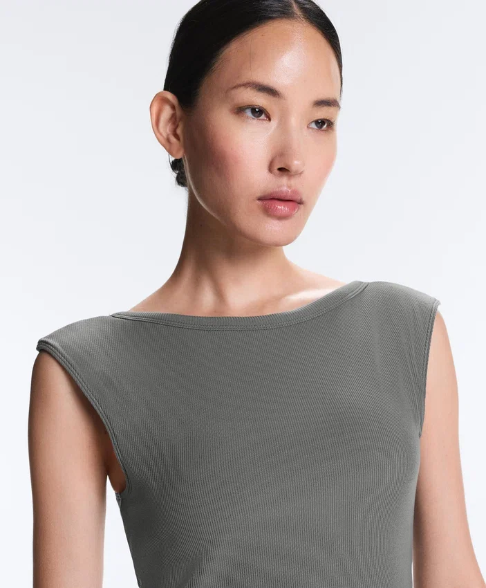 Rib Modal Blend Short Sleeve Tank Top with Curling Detail Rib Modal Blend Short Sleeve Tank Top with Curling Detail