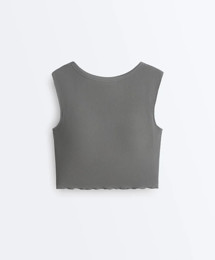Rib Modal Blend Short Sleeve Tank Top with Curling Detail Rib Modal Blend Short Sleeve Tank Top with Curling Detail