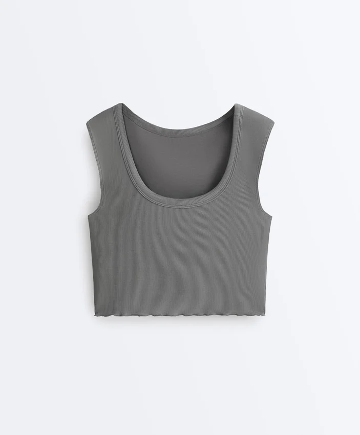 Rib Modal Blend Short Sleeve Tank Top with Curling Detail Rib Modal Blend Short Sleeve Tank Top with Curling Detail