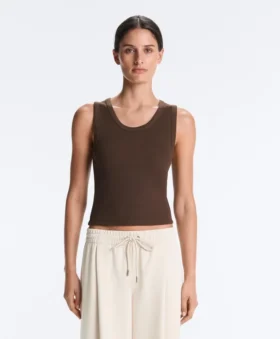 Rib T-Shirt with Wide Straps, Cotton and Modal