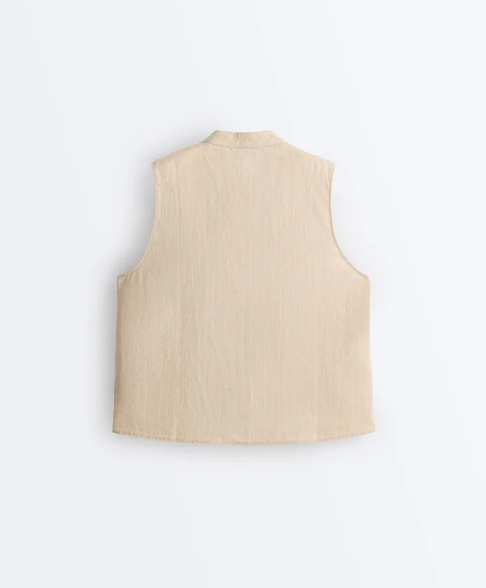 Sleeveless 100% Linen Stand-Up Collar Shirt with Buttons Sleeveless 100% Linen Stand-Up Collar Shirt with Buttons