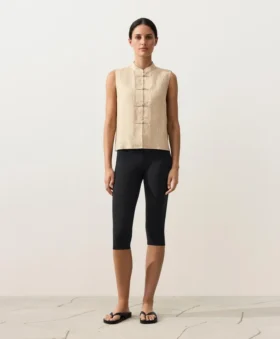 Sleeveless 100% Linen Stand-Up Collar Shirt with Buttons Sleeveless 100% Linen Stand-Up Collar Shirt with Buttons