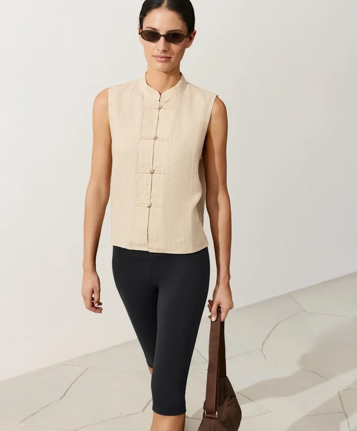 Sleeveless 100% Linen Stand-Up Collar Shirt with Buttons Sleeveless 100% Linen Stand-Up Collar Shirt with Buttons