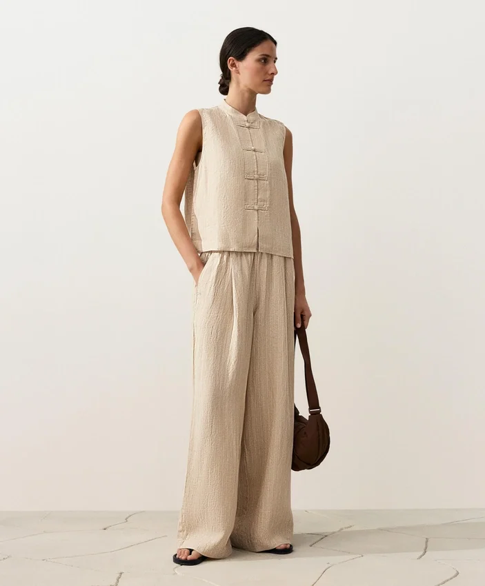 Sleeveless 100% Linen Stand-Up Collar Shirt with Buttons Sleeveless 100% Linen Stand-Up Collar Shirt with Buttons
