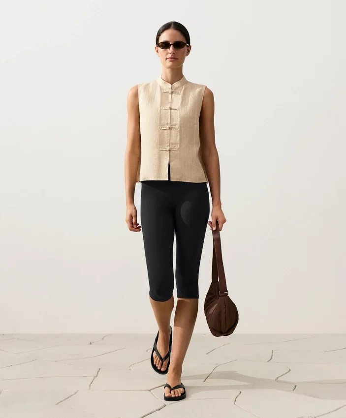 Sleeveless 100% Linen Stand-Up Collar Shirt with Buttons Sleeveless 100% Linen Stand-Up Collar Shirt with Buttons