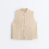 Sleeveless 100% Linen Stand-Up Collar Shirt with Buttons Sleeveless 100% Linen Stand-Up Collar Shirt with Buttons