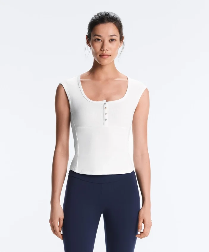 Sleeveless Rib T-Shirt with Cotton and Modal Buttons Sleeveless Rib T-Shirt with Cotton and Modal Buttons