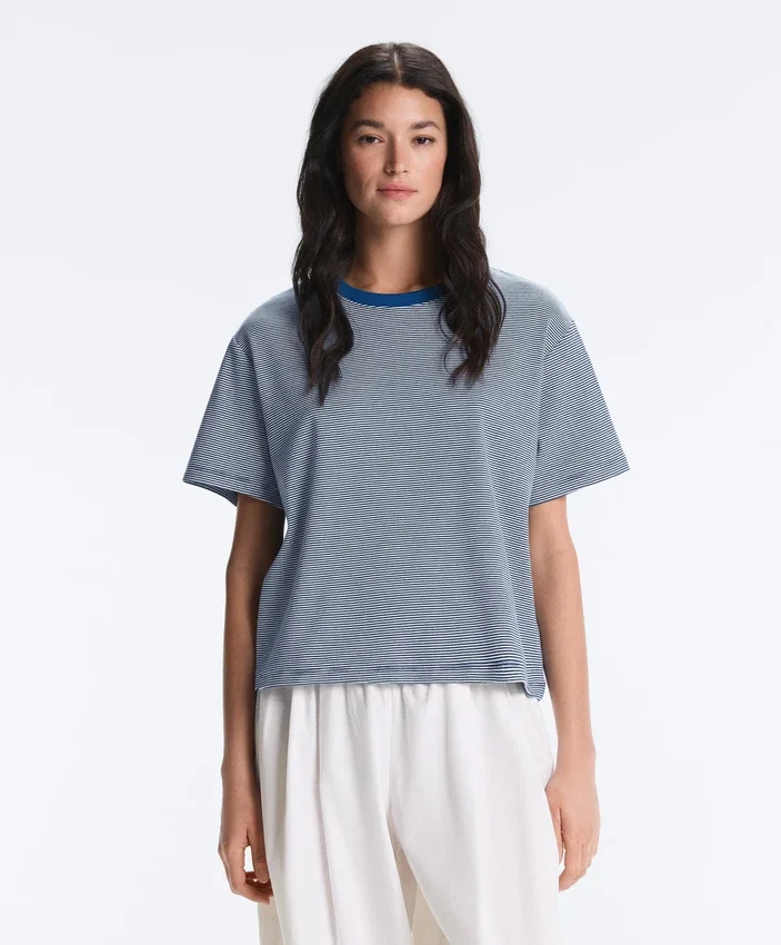 Striped Boxy Short Sleeve Cotton Blend T-Shirt Striped Boxy Short Sleeve Cotton Blend T-Shirt