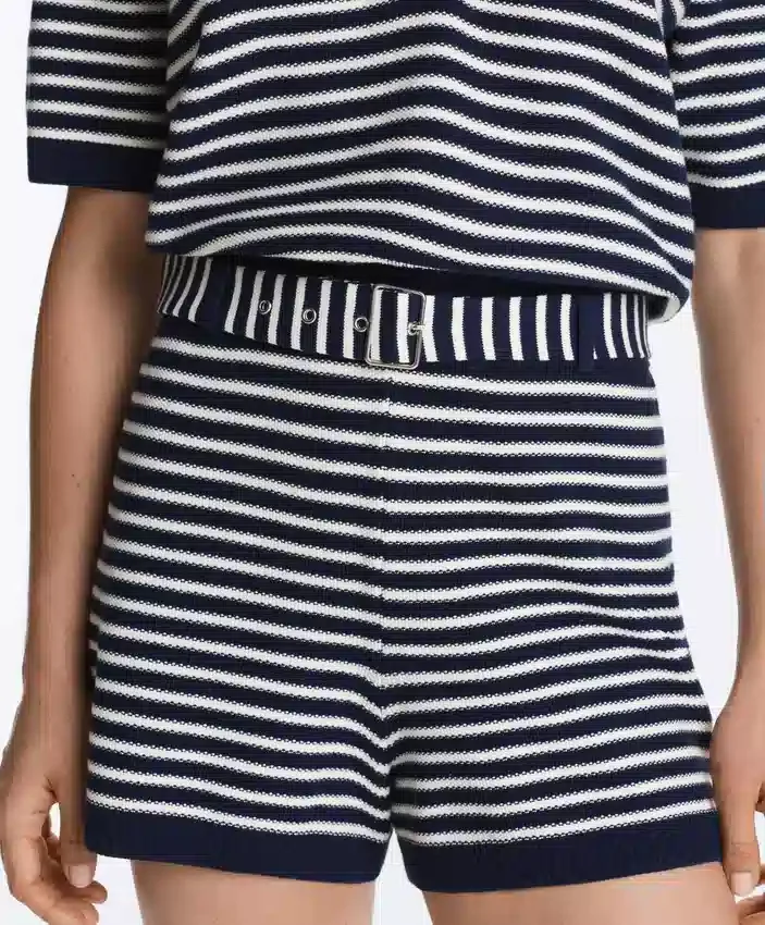 Striped Knit Shorts with 100% Cotton Belt Striped Knit Shorts with 100% Cotton Belt