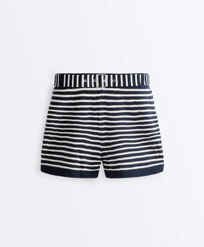 Striped Knit Shorts with 100% Cotton Belt Striped Knit Shorts with 100% Cotton Belt