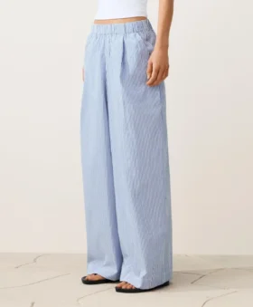 Wide-Leg Cotton Blend Striped Trousers