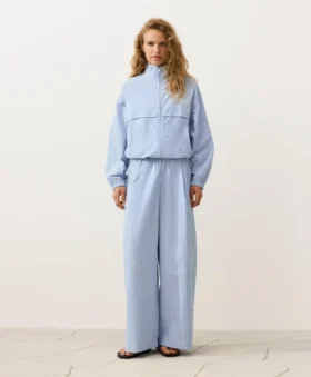 Wide-Leg Cotton Blend Striped Trousers
