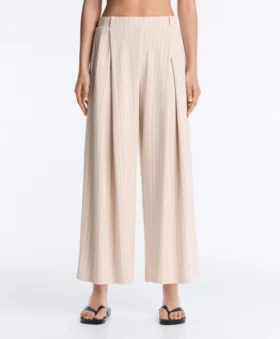 Wide-Leg Crop Trousers with Pleats and Stripes